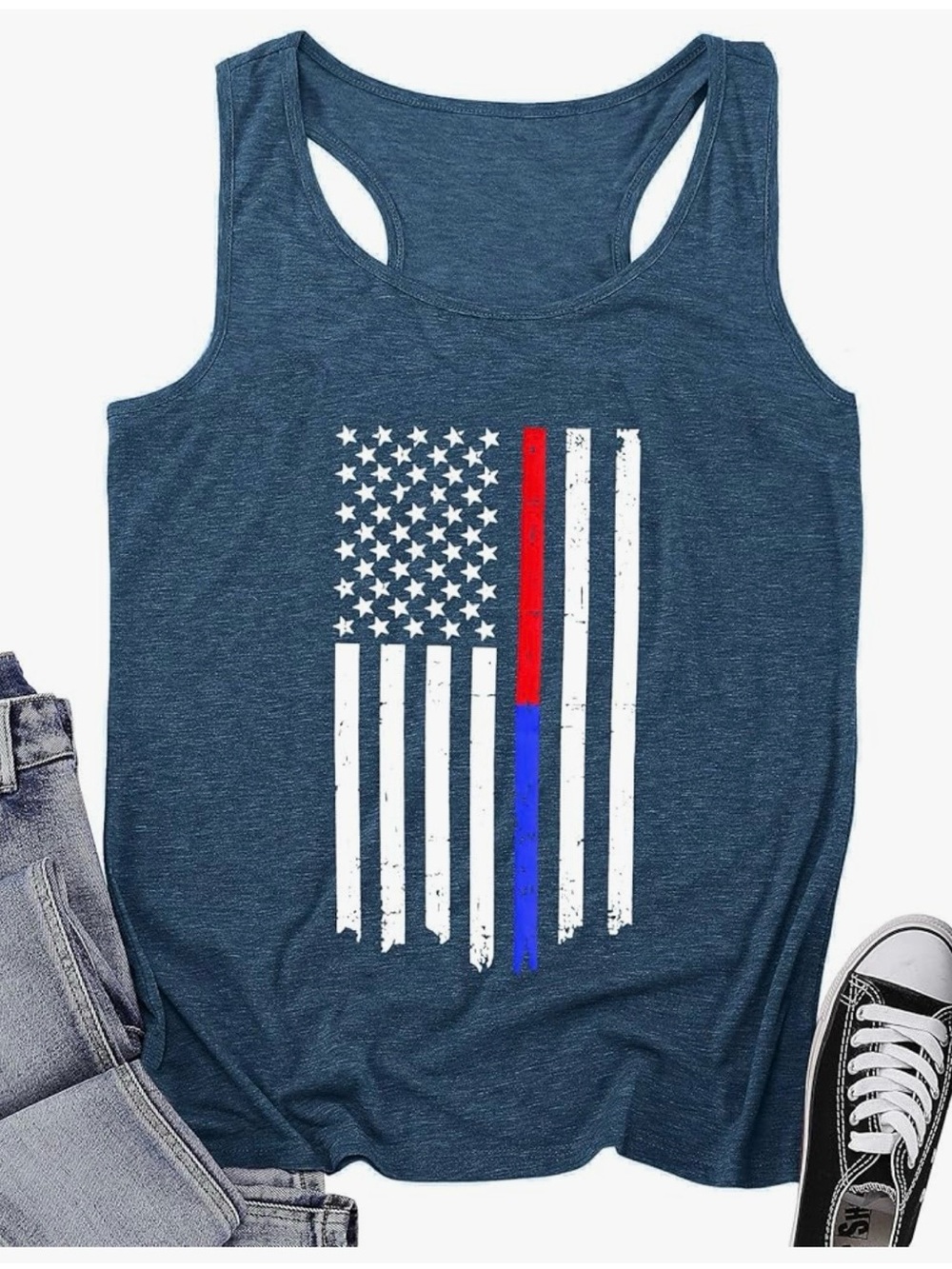 Blue Women's Racerback Tank with Distressed Flag Print